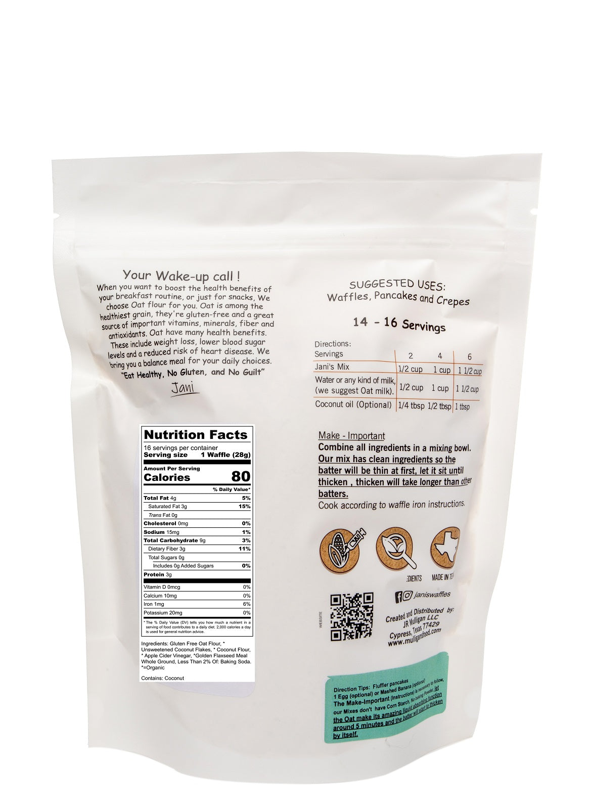 COCONUT Dry Mix for Waffles & Pancakes, Pouch of 14 to16 Servings