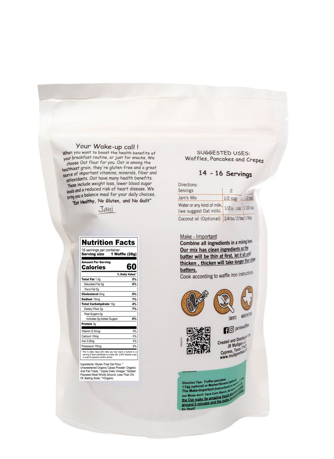 CHOCOLATE Dry Mix for Waffles & Pancakes, Pouch of 14 to16 Servings